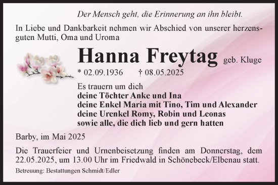 Traueranzeige von Hanna Freytag von Volksstimme Schönebeck