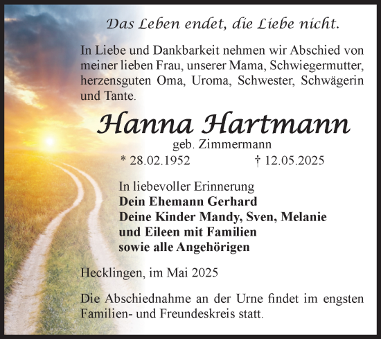 Traueranzeige von Hanna Hartmann 