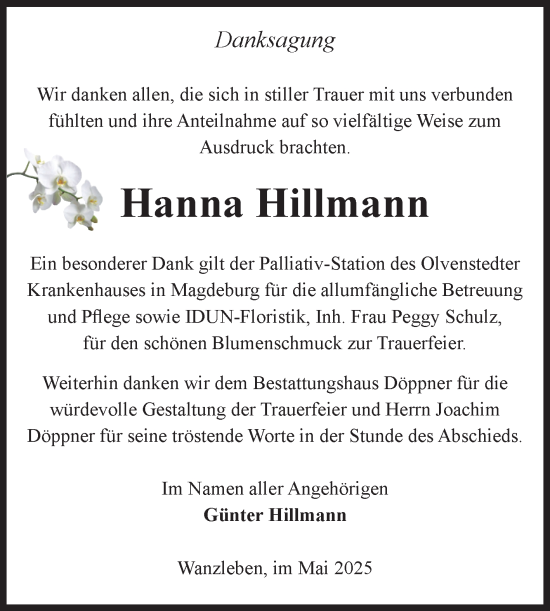 Traueranzeige von Hanna Hillmann von Volksstimme Oschersleben/Wanzleben