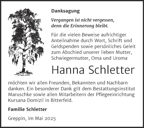 Traueranzeige von Hanna Schletter von Trauerkombi Bitterfeld