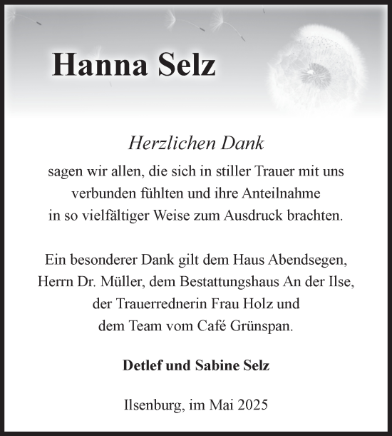 Traueranzeige von Hanna Selz von Volksstimme Wernigerode