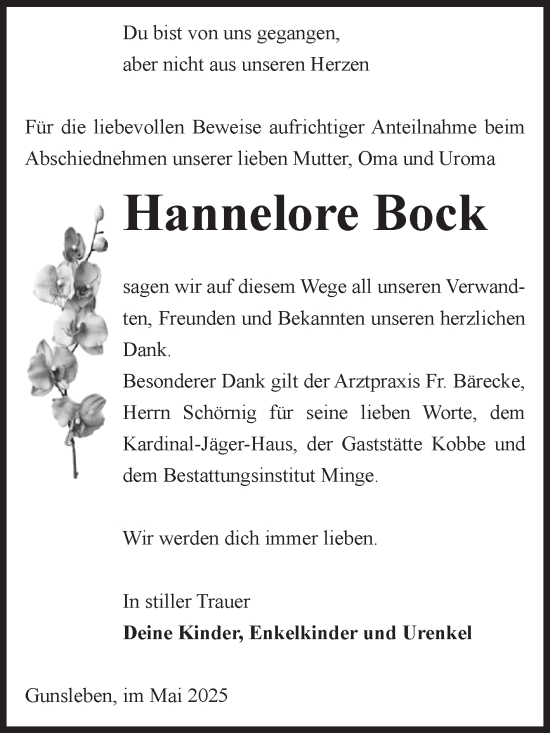 Traueranzeige von Hannelore Bock von Volksstimme Oschersleben/Wanzleben