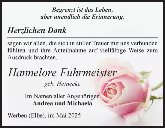 Traueranzeige von Hannelore Fuhrmeister von Volksstimme Altmark Ost