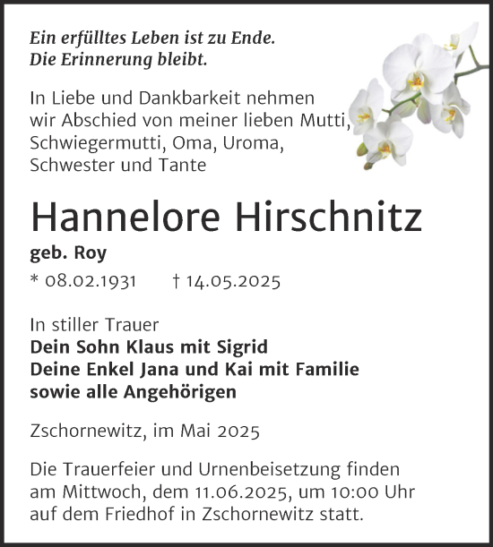 Traueranzeige von Hannelore Hirschnitz von Trauerkombi Wittenberg