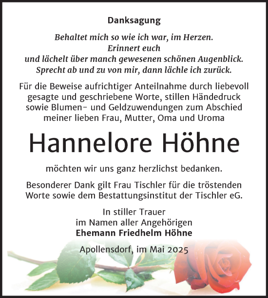 Traueranzeige von Hannelore Höhne von Trauerkombi Wittenberg