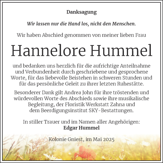 Traueranzeige von Hannelore Hummel von Trauerkombi Wittenberg