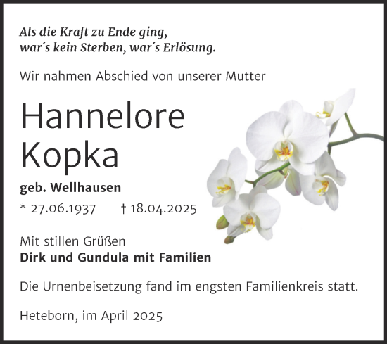 Traueranzeige von Hannelore Kopka von Trauerkombi Quedlinburg