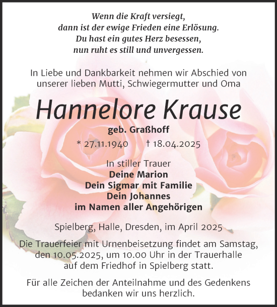 Traueranzeige von Hannelore Krause von Trauerkombi Merseburg