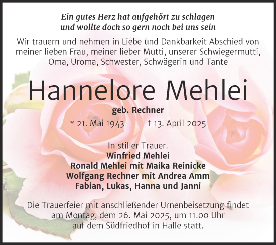 Traueranzeige von Hannelore Mehlei von Mitteldeutsche Zeitung Halle/Saalkreis