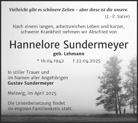 Traueranzeige von Hannelore Sundermeyer von Trauerkombi Wittenberg