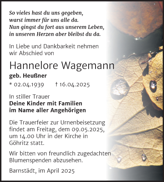 Traueranzeige von Hannelore Wagemann von Trauerkombi Merseburg