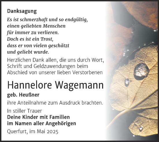 Traueranzeige von Hannelore Wagemann von Trauerkombi Merseburg