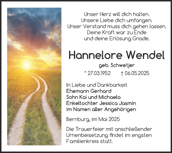 Traueranzeige von Hannelore Wendel von Trauerkombi Bernburg