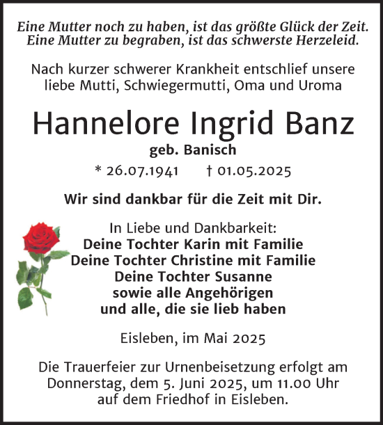Traueranzeige von Hannelore Ingrid Banz von Trauerkombi Mansfelder Land