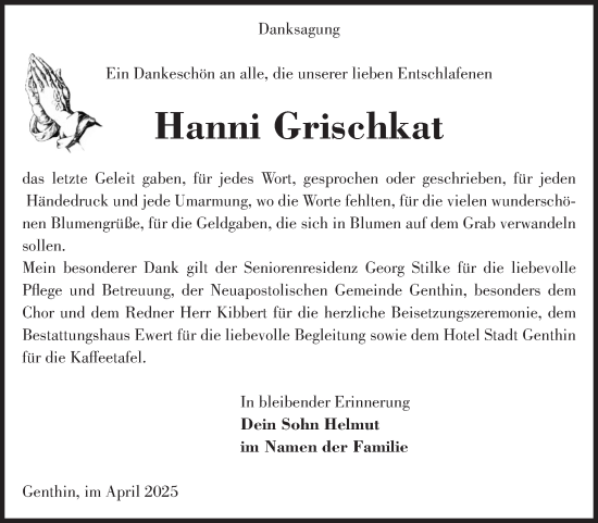 Traueranzeige von Hanni Grischkat von Volksstimme Burg/Genthin