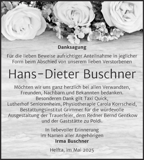 Traueranzeige von Hans-Dieter Buschner von Trauerkombi Mansfelder Land