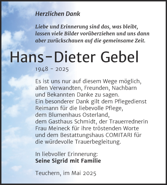 Traueranzeige von Hans-Dieter Gebel von Trauerkombi Weißenfels