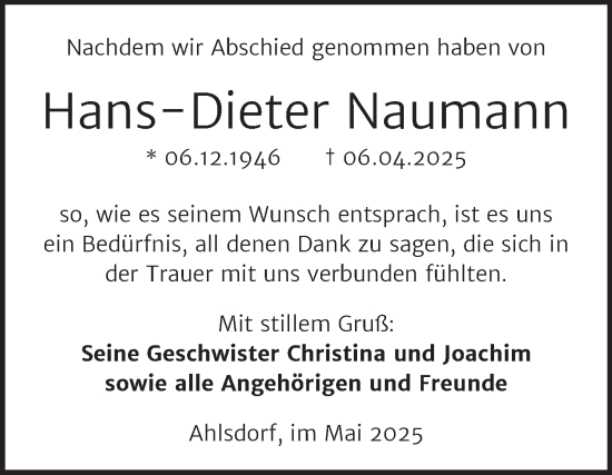 Traueranzeige von Hans-Dieter Naumann von Trauerkombi Mansfelder Land