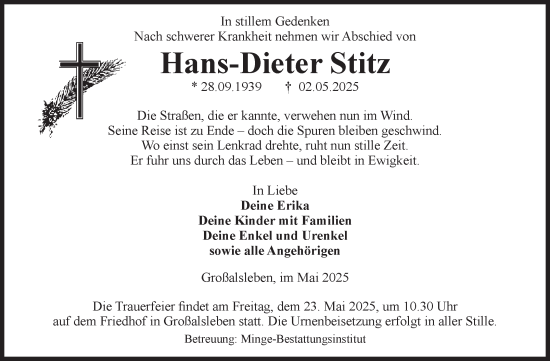 Traueranzeige von Hans-Dieter Stitz von Volksstimme Oschersleben/Wanzleben