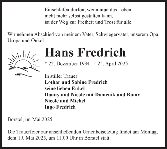 Traueranzeige von Hans Fredrich von Volksstimme Altmark Ost