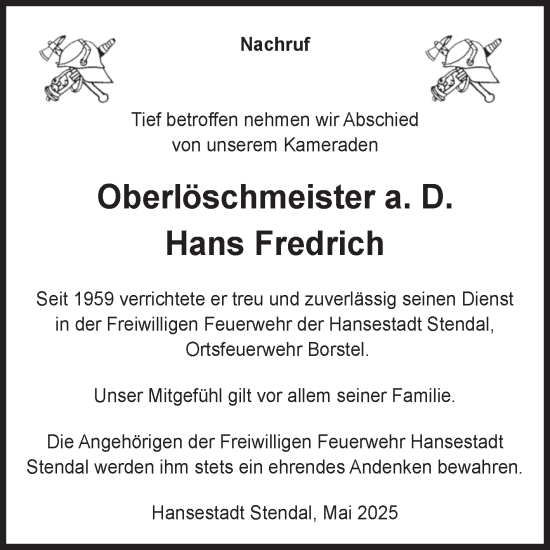 Traueranzeige von Hans Fredrich von Volksstimme Altmark Ost