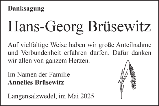 Traueranzeige von Hans-Georg Brüsewitz von Volksstimme Altmark Ost
