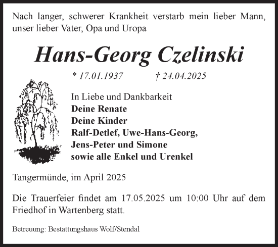 Traueranzeige von Hans-Georg Czelinski von Volksstimme Altmark Ost