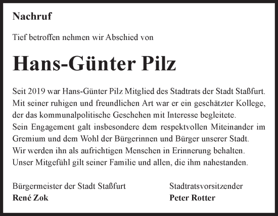 Traueranzeige von Hans-Günter Pilz von Volksstimme Staßfurt