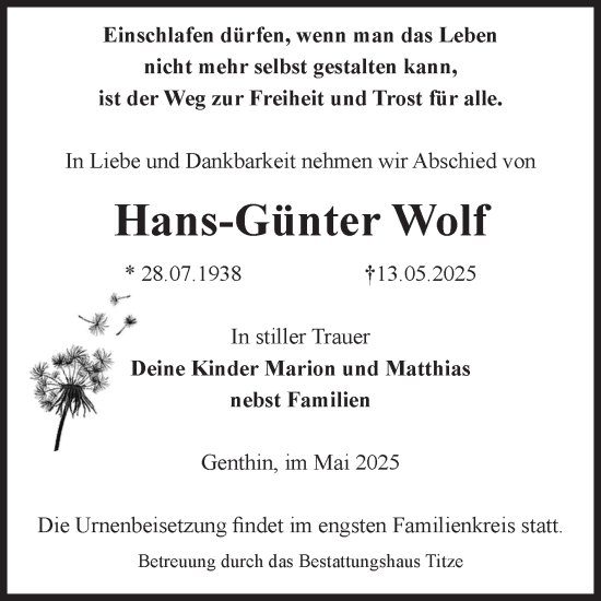 Traueranzeige von Hans-Günter Wolf von Volksstimme Burg/Genthin