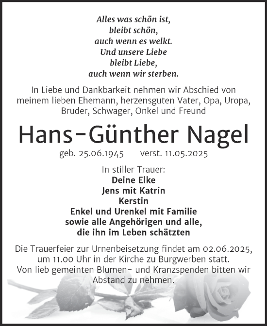 Traueranzeige von Hans-Günther Nagel von Trauerkombi Weißenfels