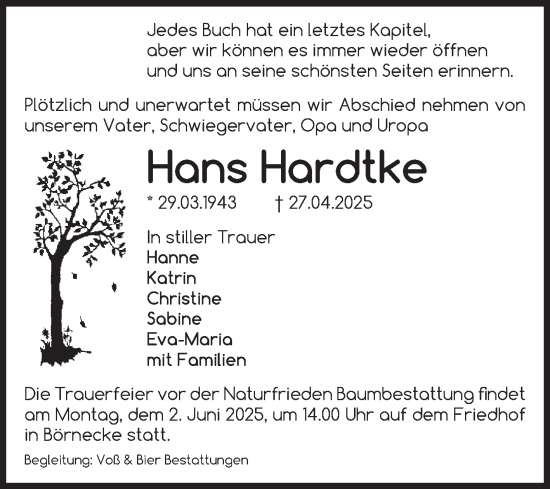 Traueranzeige von Hans Hardtke von Volksstimme Wernigerode