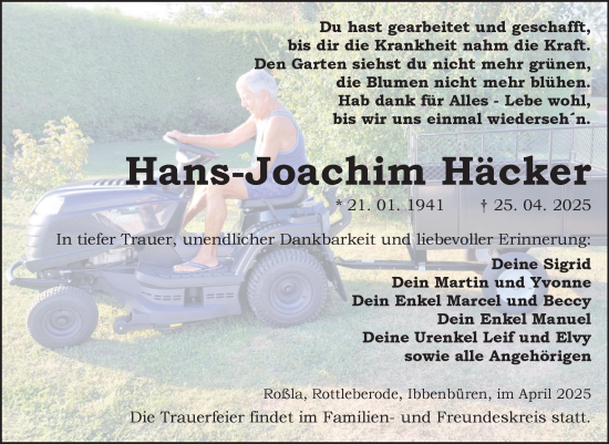 Traueranzeige von Hans-Joachim Häcker von Trauerkombi Sangerhausen