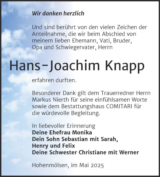 Traueranzeige von Hans-Joachim Knapp von Trauerkombi Weißenfels