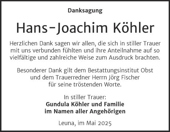 Traueranzeige von Hans-Joachim Köhler von Trauerkombi Merseburg