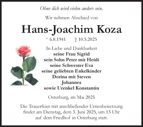 Traueranzeige von Hans-Joachim Koza von Volksstimme Altmark Ost