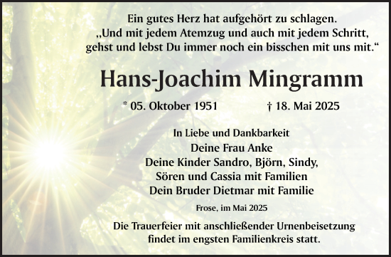 Traueranzeige von Hans-Joachim Mingramm von Trauerkombi Aschersleben