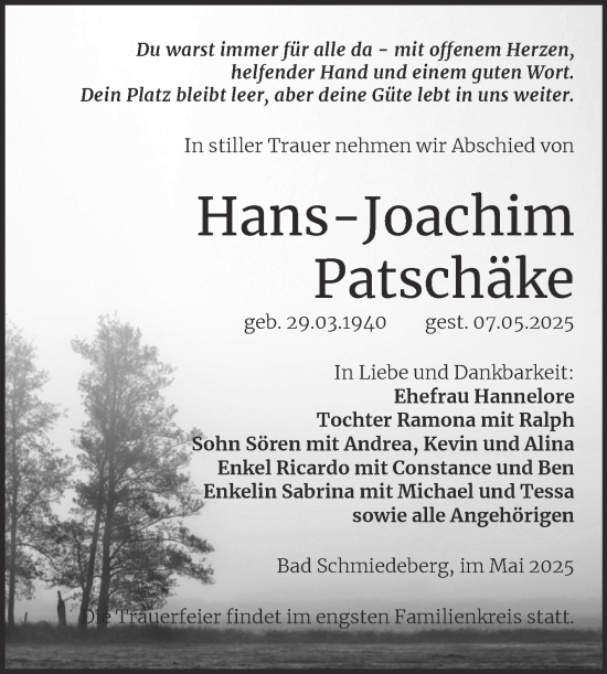Traueranzeige von Hans-Joachim Patschäke von Trauerkombi Wittenberg