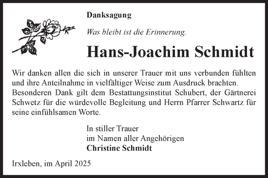 Traueranzeige von Hans-Joachim Schmidt von Volksstimme Haldensleben/Wolmirstedt