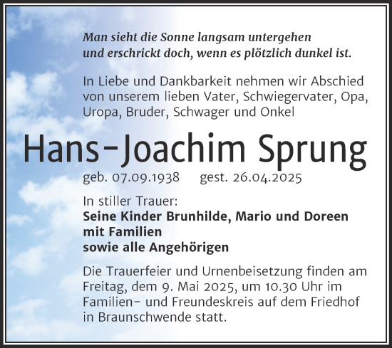 Traueranzeige von Hans-Joachim Sprung von Trauerkombi Mansfelder Land