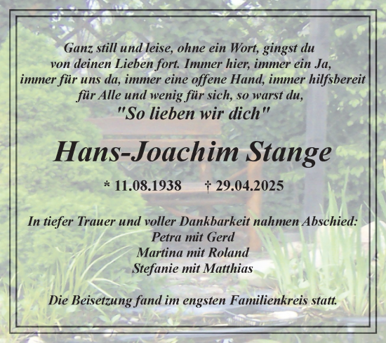 Traueranzeige von Hans-Joachim Stange von Mitteldeutsche Zeitung Halle/Saalkreis