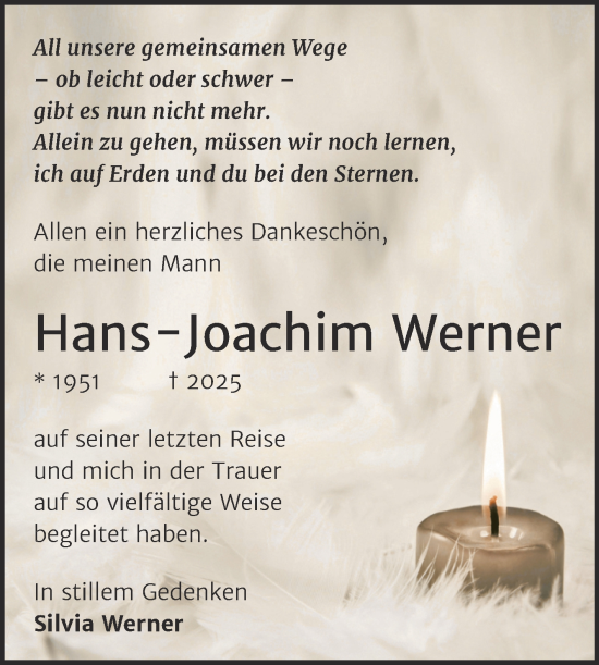 Traueranzeige von Hans-Joachim Werner von Trauerkombi Wittenberg