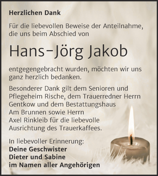 Traueranzeige von Hans-Jörg Jakob von Trauerkombi Mansfelder Land