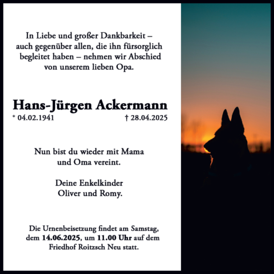Traueranzeige von Hans-Jürgen Ackermann von Trauerkombi Bitterfeld