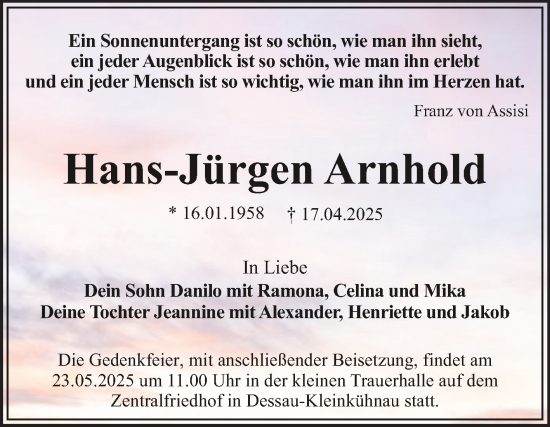 Traueranzeige von Hans-Jürgen Arnhold von Trauerkombi Dessau