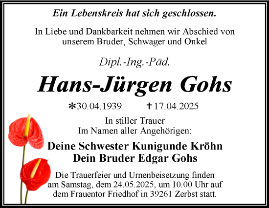 Traueranzeige von Hans-Jürgen Gohs von Trauerkombi Dessau