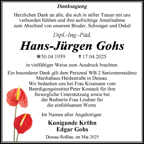 Traueranzeige von Hans-Jürgen Gohs von Trauerkombi Dessau