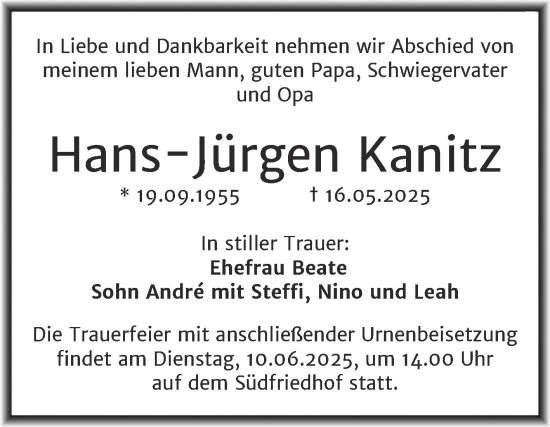 Traueranzeige von Hans-Jürgen Kanitz von Mitteldeutsche Zeitung Halle/Saalkreis