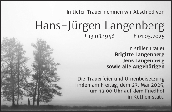 Traueranzeige von Hans-Jürgen Langenberg von Trauerkombi Köthen