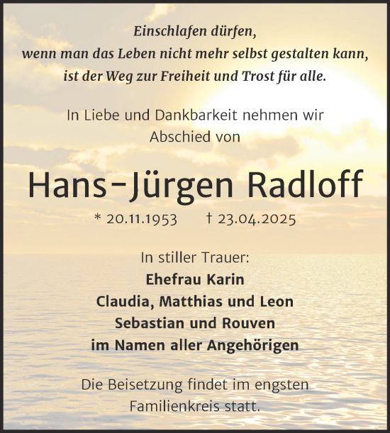 Traueranzeige von Hans-Jürgen Radloff von Trauerkombi Dessau