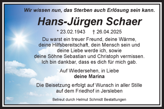 Traueranzeige von Hans-Jürgen Schaer von Volksstimme Magdeburg